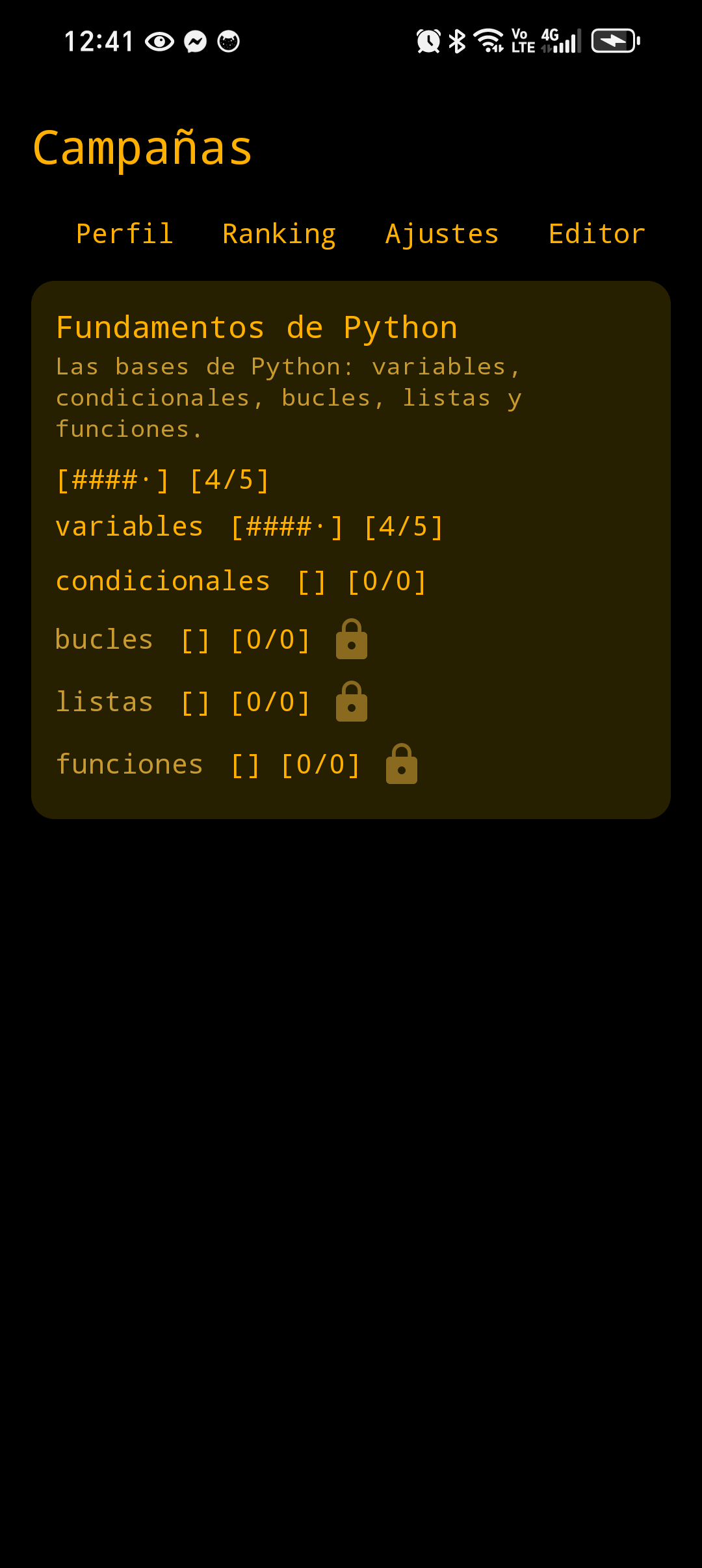Pantalla de progreso de Serpy con XP ganada y líneas de código desbloqueadas